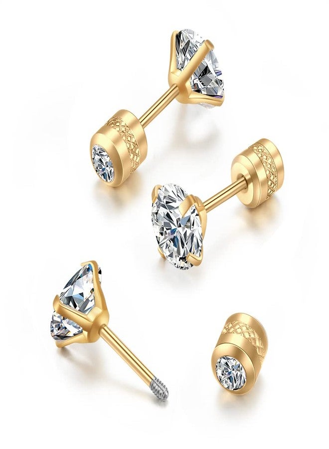 Renkovte Dainty Flat Screw Back CZ Stud Earrings for Women,Safety Screw on Flatback Cartilage Earrings Helix Earrings Hypoallergenic for Women Men(4mm CZ, Gold) - Image 1